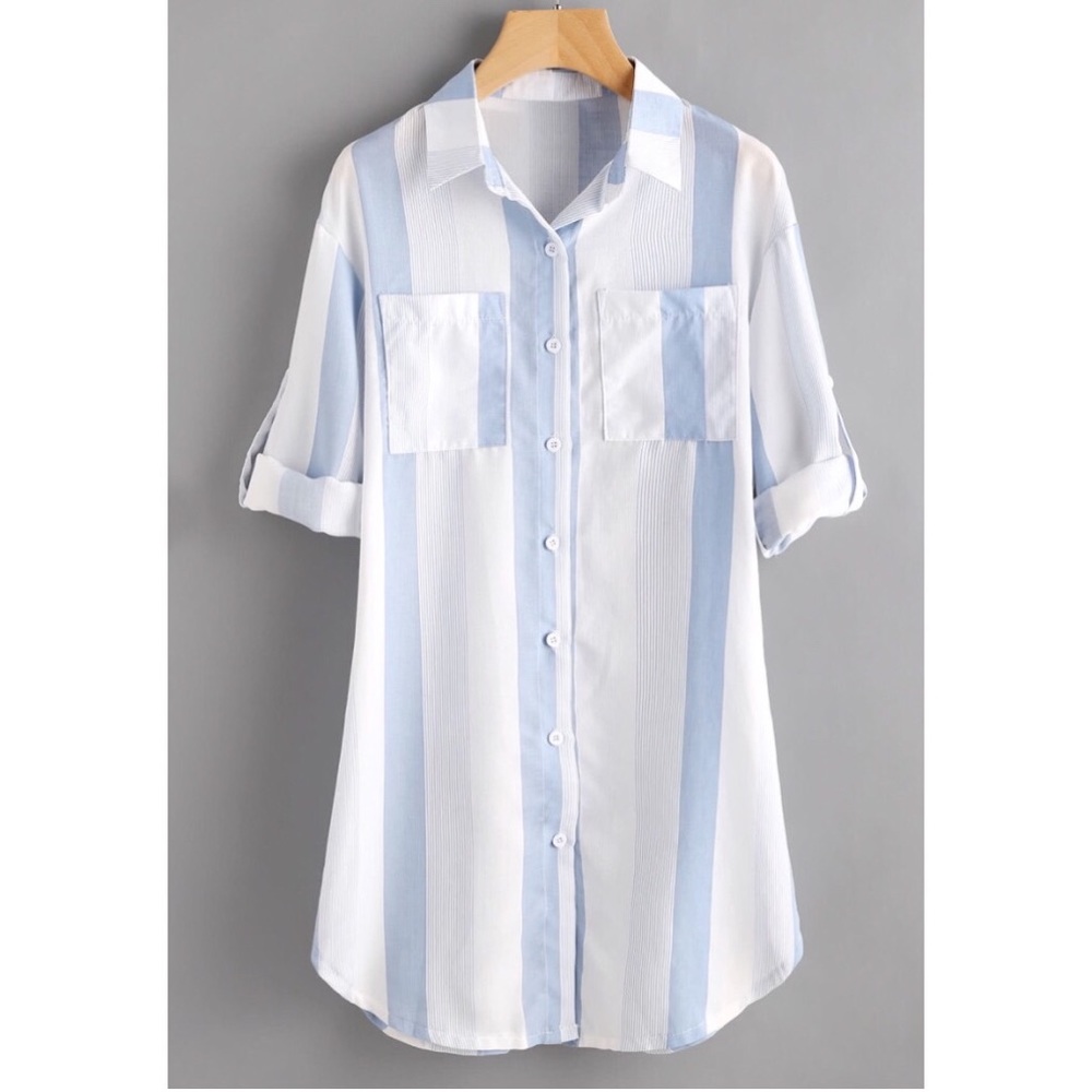 Contrast Striped Roll Tab Sleeve Shirt Dress